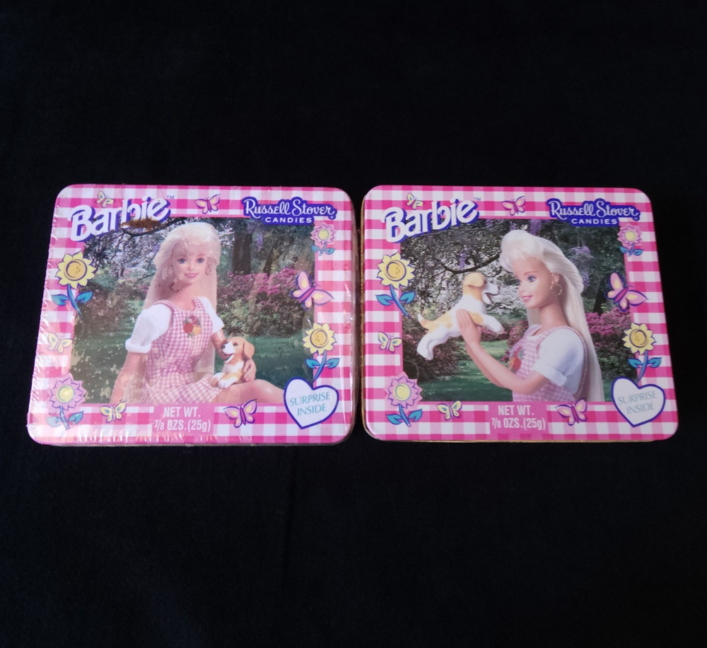 2 Vintage 1997 Mattel Barbie Russell Stover Candy Candies Tin Boxes Stickers